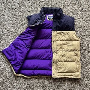 Patagonia Puffer Vest - Tan w/ Navy Collar and Purple Liner